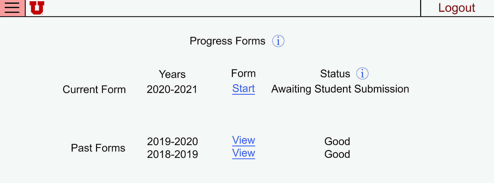 Digital mockup of the Progress Forms landing page showing two sections:
Current Form with a 2020-2021 date range, a Start link, and an Awaiting
Student Submission status; and Past Forms showing 2019-2020 and 2018-2019
entries with View links and Good statuses. An info icon appears next to the
page title and next to the Status column header.