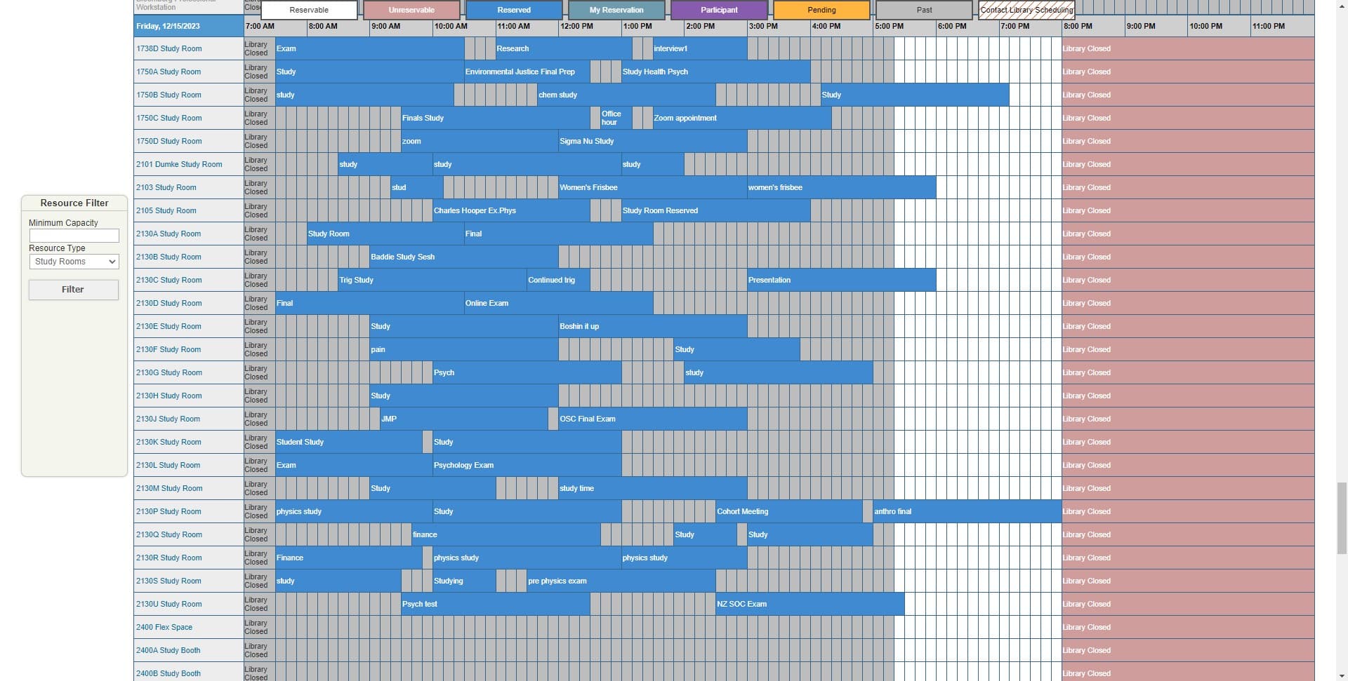 Screenshot of the University of Utah Marriott Library reservation system 
showing a dense calendar grid of rooms across a full week.